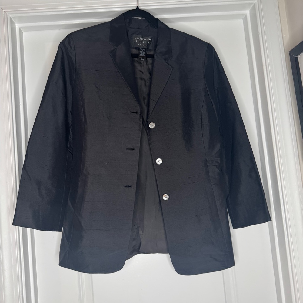 Vintage Liz Claiborne Silk & Linen Classic Black Blazer Suit Jacket Lightweight